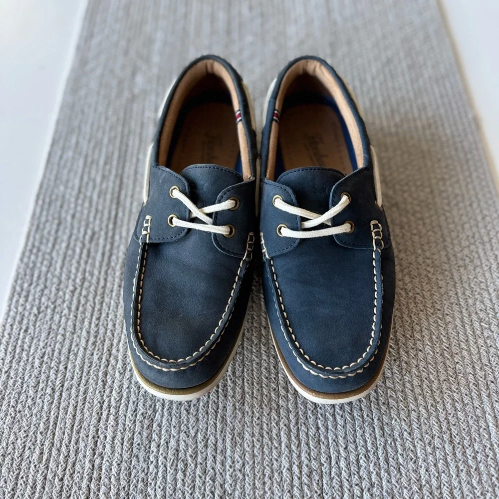 Florsheim Atlantic Moc Toe Navy Blue Leather Boat Shoe Tie Loafers Mens Sz 7.5
